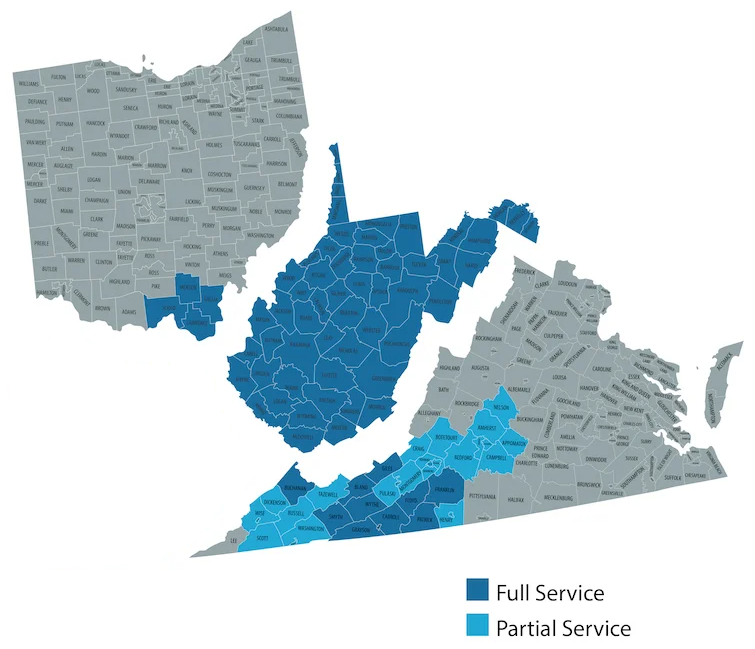 Solar Holler service area map — West Virginia, Ohio, and Virginia